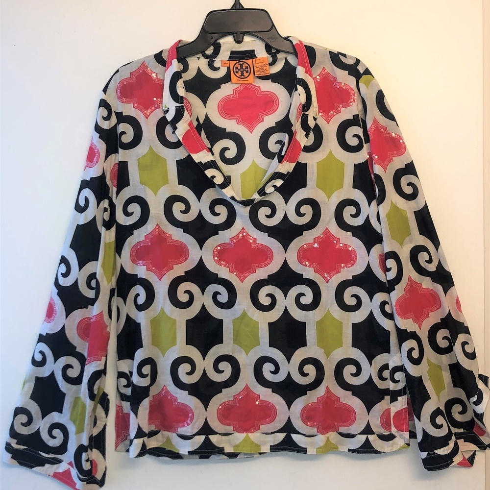 Tory Burch Navy/White/Green/Pink Print Top